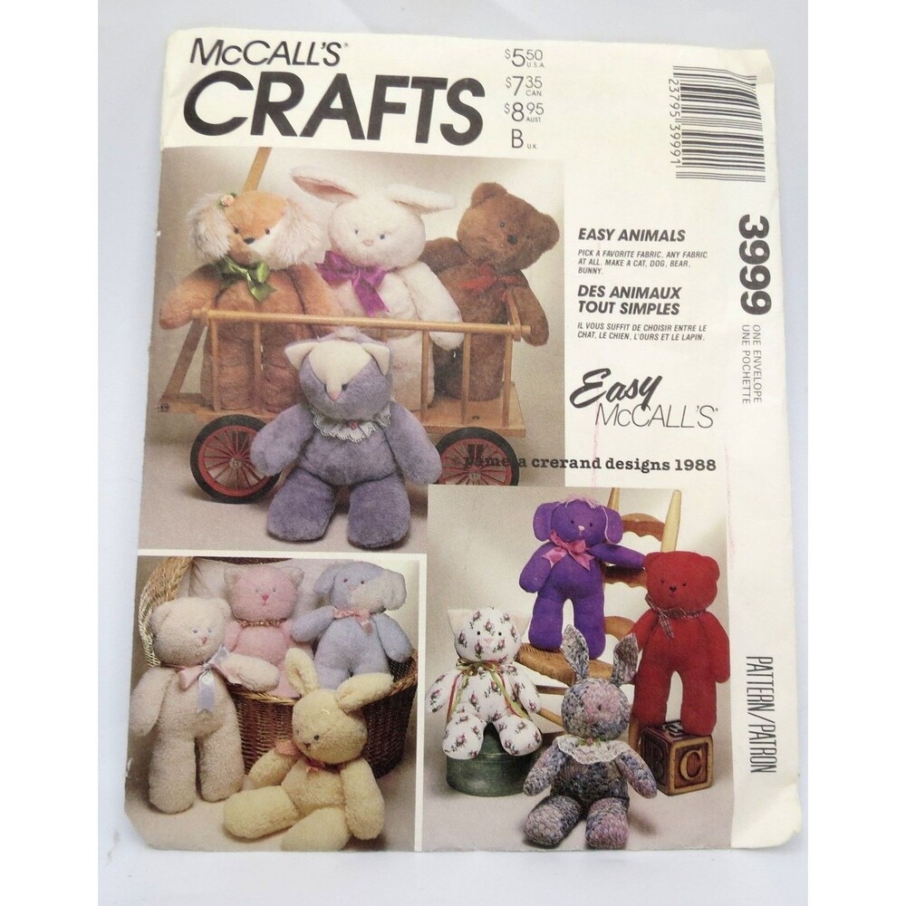 McCall's Crafts 3999 Stuffed Animals Bear Rabbit Cat Dog 1988 Vintage